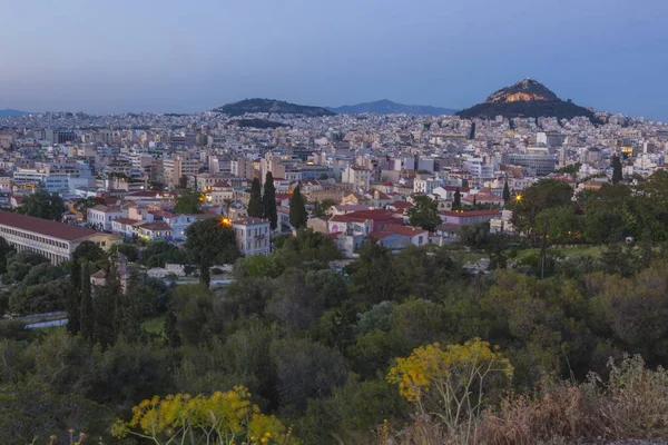 Puesta Sol Roja Sobre Ciudad Atenas Vista — Foto de Stock