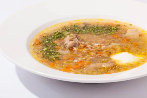 Soup with meat in plate — Stock Photo, Image