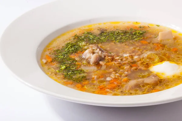 Суп с мясом в тарелке — стоковое фото