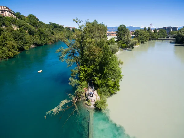 Aerial view of Arve an Rhone river confluent in  Geneva Switzerl — Stock Photo, Image