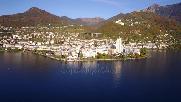4K Aerial footage of Montreux - Leman Lake waterfront, Switzerland — Stock Video