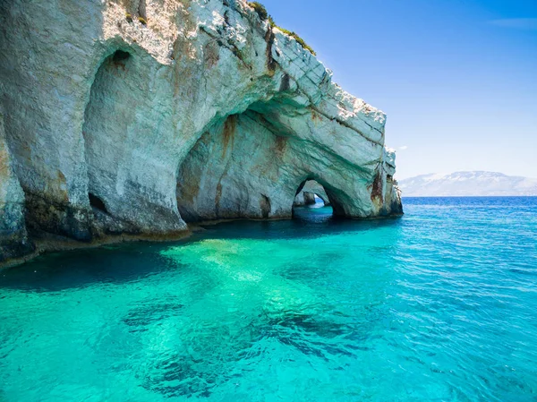 Aerial  view of  Agios Nikolaos blue caves  in Zakynthos (Zante) Stock Photo