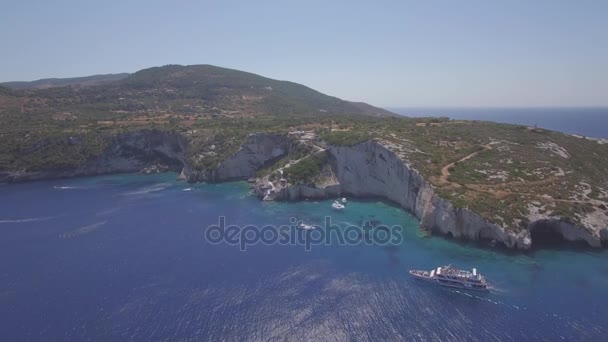 4K (UHD) Air view of Agios Nikolaos blue caves in Zakynthos (Zante) island, in Greece - Log — стоковое видео