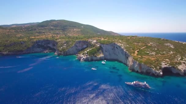 4K (UHD) Aerial view of  Agios Nikolaos blue caves  in Zakynthos (Zante) island, in Greece — Stock Video