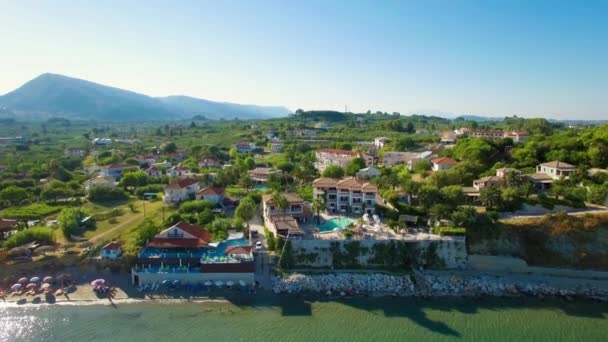4K (UHD) Air view of Laganas waterfront in Zakynthos (Zante) island, in Greece — стоковое видео