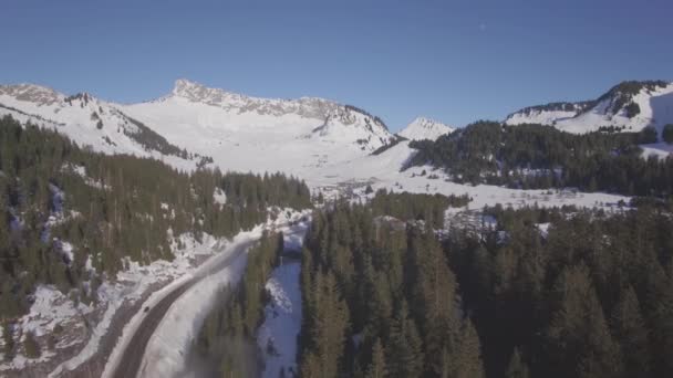 Επίπεδη Αεροφωτογραφία Του Praz Lys Σταθμό Σκι Στις Γαλλικές Άλπεις — Αρχείο Βίντεο