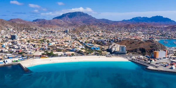 Vista Aérea Playa Laginha Ciudad Mindelo Isla Sao Vicente Cabo — Foto de Stock