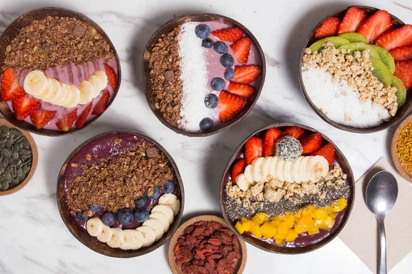 Tasty Appetizing Smoothie Acai Bowls Top View Served Bowl Healthy — Stock Photo, Image