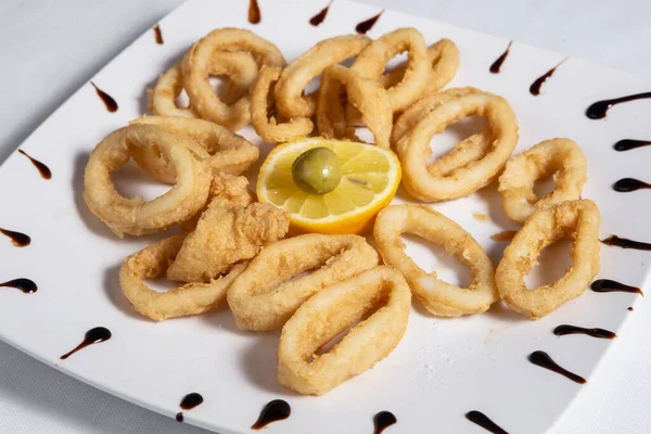 Fried Squids Octopus Calamari Sauce Isolated White Background — Stock Photo, Image
