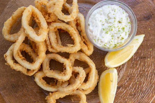 Tipikus Spanyol Tapas Sült Tintahal Gyűrű Fejadag Racion Calamares Fritos — Stock Fotó