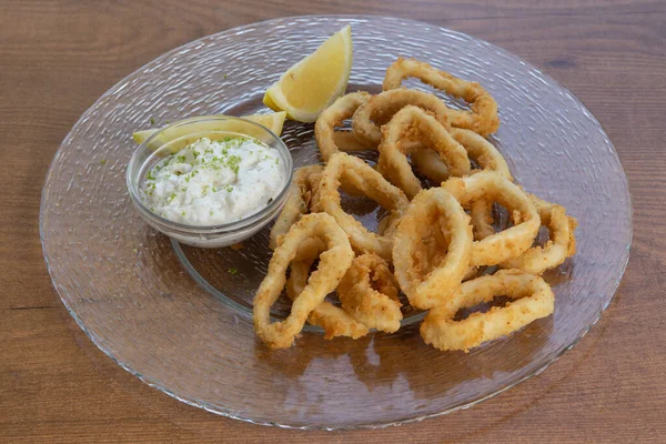 Tipikus Spanyol Tapas Sült Tintahal Gyűrű Fejadag Racion Calamares Fritos — Stock Fotó