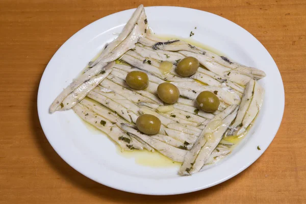 Cozinha Espanhola Tapas Anchovas Marinadas Azeite Foco Seletivo Anchoas Aceite — Fotografia de Stock