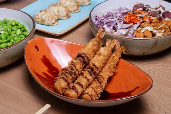 Tempura Crevettes Frites Ebi Avec Chili Sucré Sauce Soja Sur — Photo