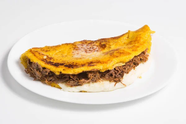 Cachapa Panqueca Milho Venezuelano Com Queijo Artesanal Carne — Fotografia de Stock