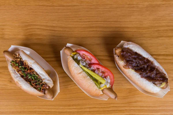 Assortiment Différents Hot Dogs Maison Vue Dessus — Photo