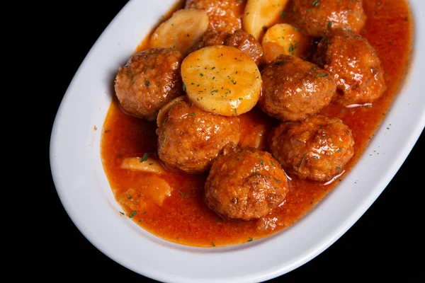 Las Croquetas Carne Con Papa Salsa Tomate Cocido Sartén — Foto de Stock