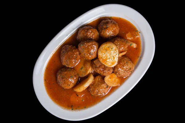 Las Croquetas Carne Con Papa Salsa Tomate Cocido Sartén — Foto de Stock