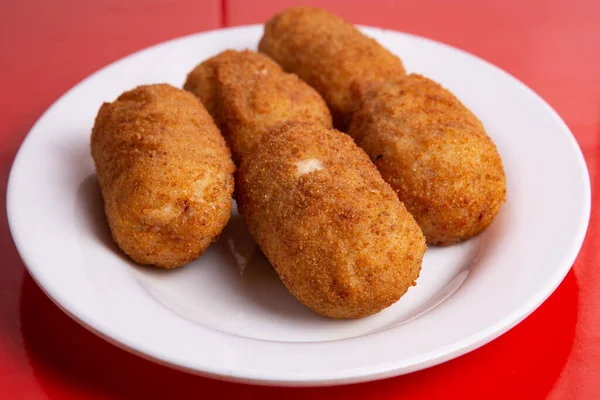 Croquetas Patata Croquetas Plato Blanco Comida Rápida — Foto de Stock