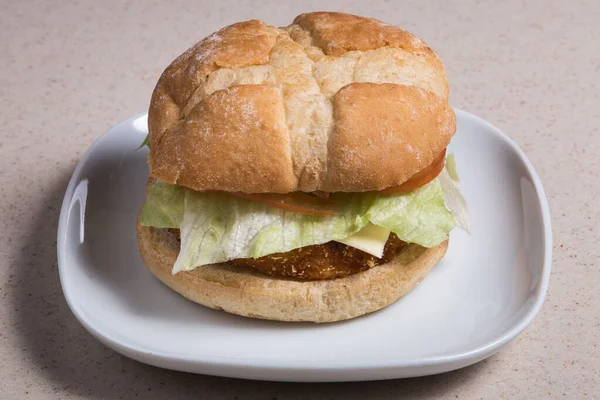 Świeży Burger Warzywami Białym Talerzu — Zdjęcie stockowe