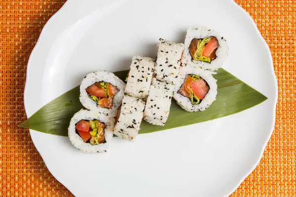 Fresh Sushi California Rolls White Plate — Stock Photo, Image
