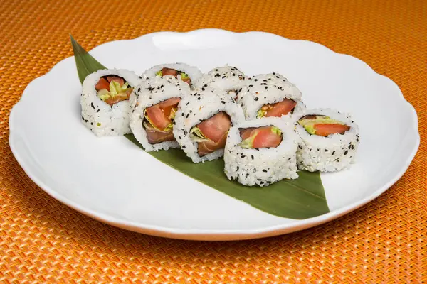 Fresh Sushi California Rolls White Plate — Stock Photo, Image