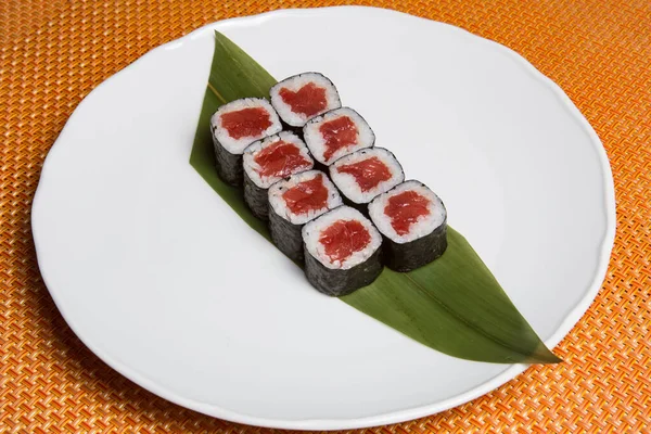 Sake Maki Japanese Sushi Rolls Tuna White Plate — Stock Photo, Image