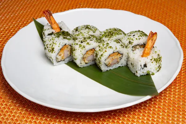 Rollo Camarones Sushi Japonés Ebi Con Salsa Kani Tamago Teriyaki — Foto de Stock