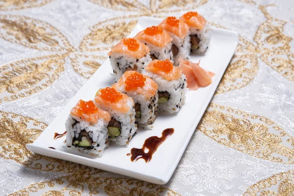 Japanese Food Salmon Roll Close White Plate — Stock Photo, Image