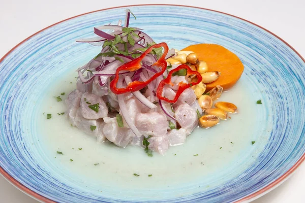 Ceviche Peruano Con Cebolla Servida Plato — Foto de Stock