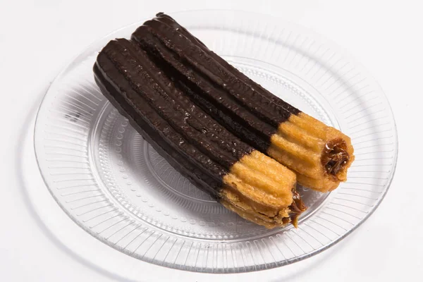 Churros Csokoládéval Fehér Háttér — Stock Fotó