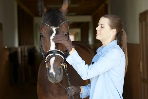 Jinete femenino con caballo deportivo — Foto de Stock