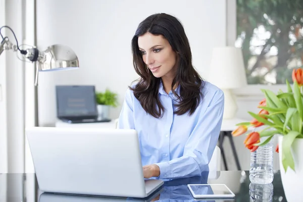 Assistante financière femme travaillant sur ordinateur portable — Photo