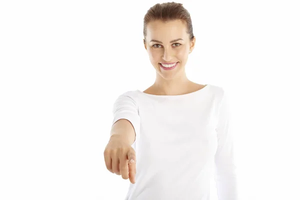 Woman pointing with her finger — Stock Photo, Image