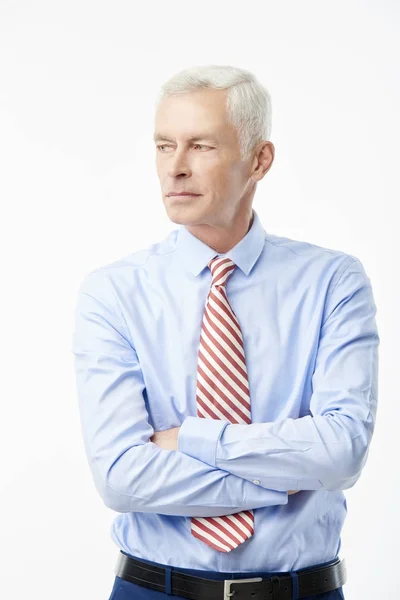 Senior Businessman Standing Arms Crossed Isolated White Looking Away — Stock Photo, Image