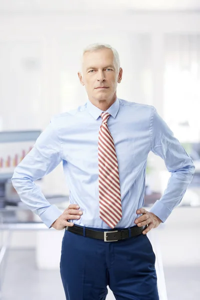 Elderly financial professional man standing at the office with hands on hip and looking at camera.