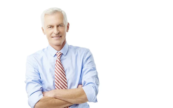 Senior Businessman Arms Crossed Wearing Shirt Tie Smiling Isolated White — Stock Photo, Image