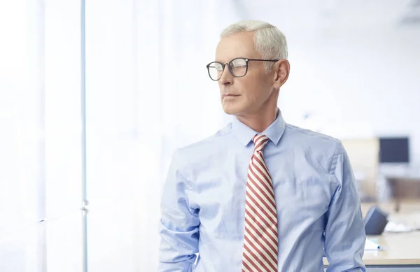 Esecutivo Anziano Uomo Affari Indossa Camicia Cravatta Mentre Piedi Ufficio — Foto Stock