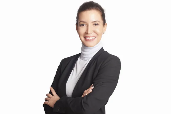 Smiling Middle Aged Business Woman Wearing Suit While Standing Arms — Stok Foto