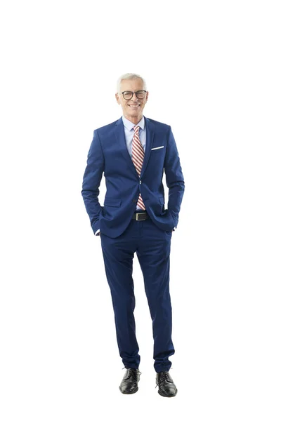 Full Length Senior Businessman Suit Looking Camera Isolated White — Stock Photo, Image