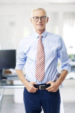 Kuşak üzerinde elleriyle ofisinde ayakta Olgun çift mali Danışmanı işadamı.
