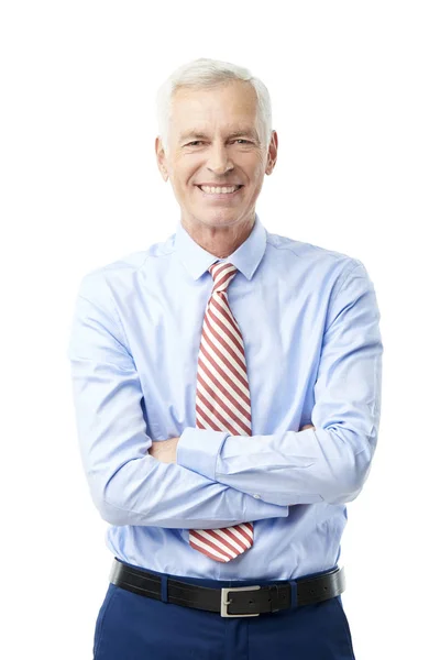 Happy Senior Financial Businessman Standing Arms Crossed Isolated White Background — Stock Photo, Image