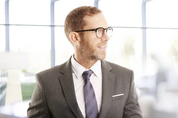 Ανώτερος Επενδυτική Σύμβουλος Επιχειρηματίας Φορώντας Κοστούμι Ενώ Στέκεται Στο Γραφείο — Φωτογραφία Αρχείου