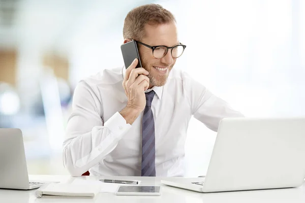 Portrait Happy Financial Assistant Businessman Using Mobile Phone Making Call — Stock Photo, Image