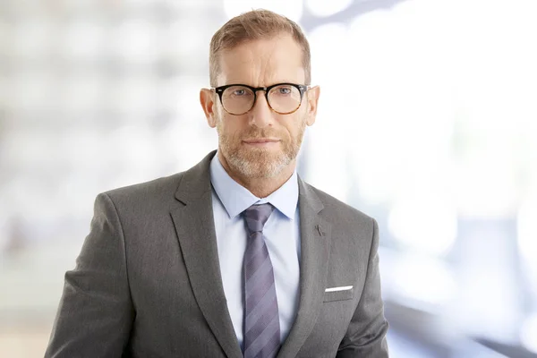 Portrait Middle Aged Lawyer Wearing Suit Eyeglasses While Standing Firm — Stock Photo, Image