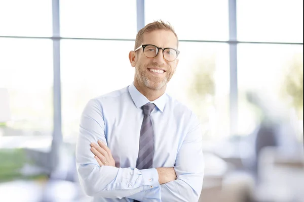 Portrait Middle Aged Businessman Wearing Shirt Tie While Standing Arms — Stock Photo, Image