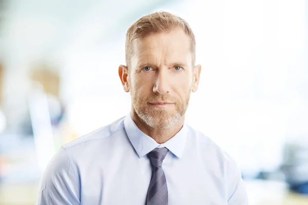 Close Portrait Middle Aged Investment Advisor Businessman Standing Office Looking — Stock Photo, Image