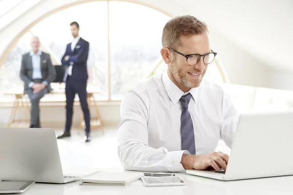 Portrait of senior financial director businessman wearing suit and sitting at desk while working on laptop at the office. business people standing at the background.