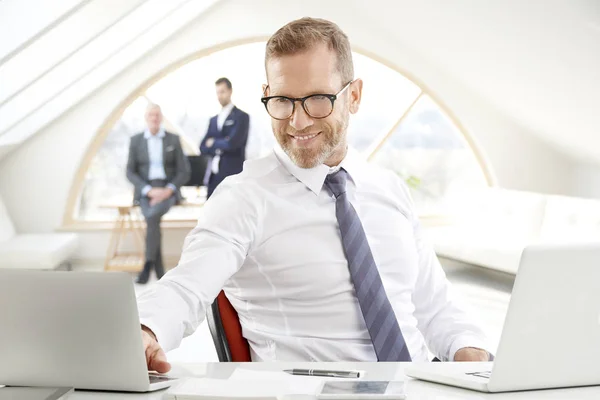 Portrait of senior financial director businessman wearing suit and sitting at desk while working on laptop at the office. business people standing at the background.