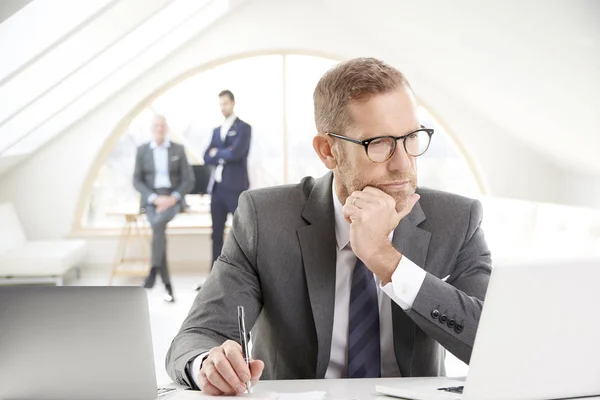 Portrait of senior financial director businessman wearing suit and sitting at desk while working on laptop at the office. business people standing at the background.