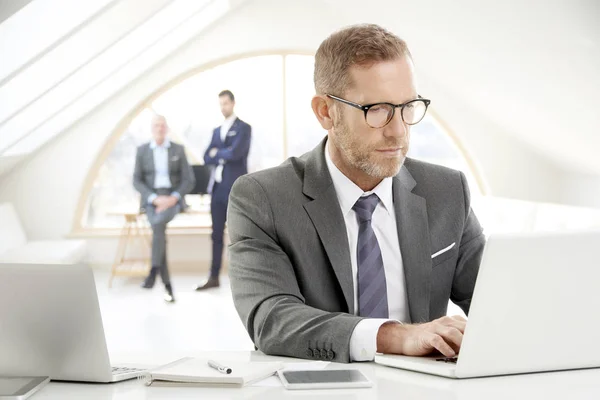 Portrait of senior financial director businessman wearing suit and sitting at desk while working on laptop at the office. business people standing at the background.